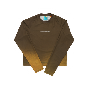 Women's long sleeve Running T-Shirt in Brown/Golden with raglan sleeves. It features a gradient sublimation print shifting to a lighter shade at the bottom. Made from quick-drying, post-consumer recycled polyester with 4-way stretch for great flexibility, ventilation, and breathability. The UNNA
