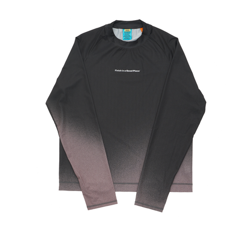 Men's long sleeve Running T-Shirt in Black/Grey with raglan sleeves. It features a gradient sublimation print shifting to a lighter shade at the bottom. Made from quick-drying, post-consumer recycled polyester with 4-way stretch for great flexibility, ventilation, and breathability. The UNNA "Finish in a Good Place" manifesto is printed on the chest.