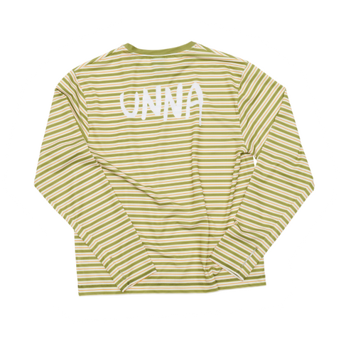 Men’s striped long sleeve Running T-Shirt in Sage Stripe, featuring raglan sleeves with thumbholes. It has a water-based sublimation-printed stripe pattern and is made from quick-drying, post-consumer recycled polyester with 4-way stretch for flexibility, ventilation, and breathability. A bold, hand-drawn UNNA text in white on the back.
