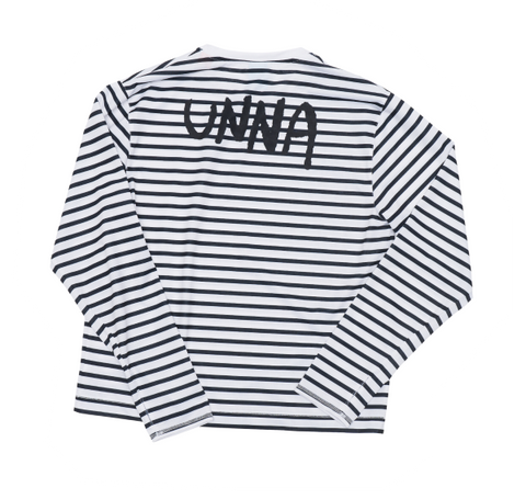 Women’s striped long sleeve Running T-Shirt in White and Navy, featuring raglan sleeves with thumbholes. It has a water-based sublimation-printed stripe pattern and is made from quick-drying, post-consumer recycled polyester with 4-way stretch for flexibility, ventilation, and breathability. A bold, hand-drawn UNNA text on the back.