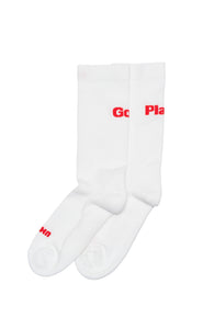 2-pack of longer running socks with slight compression and a check composition. Red jacquard embroidery UNNA logo on the toe and 'Good Place' with one word separated on each sock.