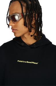 'Finish in a Good Place' print on the chest