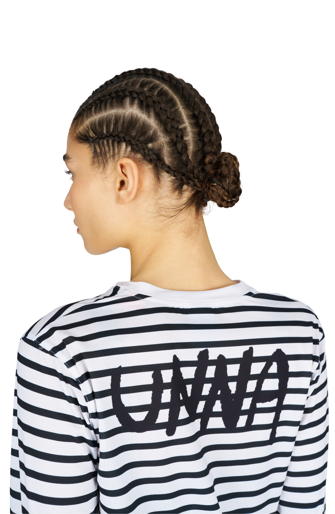 Women’s striped long sleeve Running T-Shirt in White and Navy, featuring raglan sleeves with thumbholes. It has a water-based sublimation-printed stripe pattern and is made from quick-drying, post-consumer recycled polyester with 4-way stretch for flexibility, ventilation, and breathability. A bold, hand-drawn UNNA text on the back.