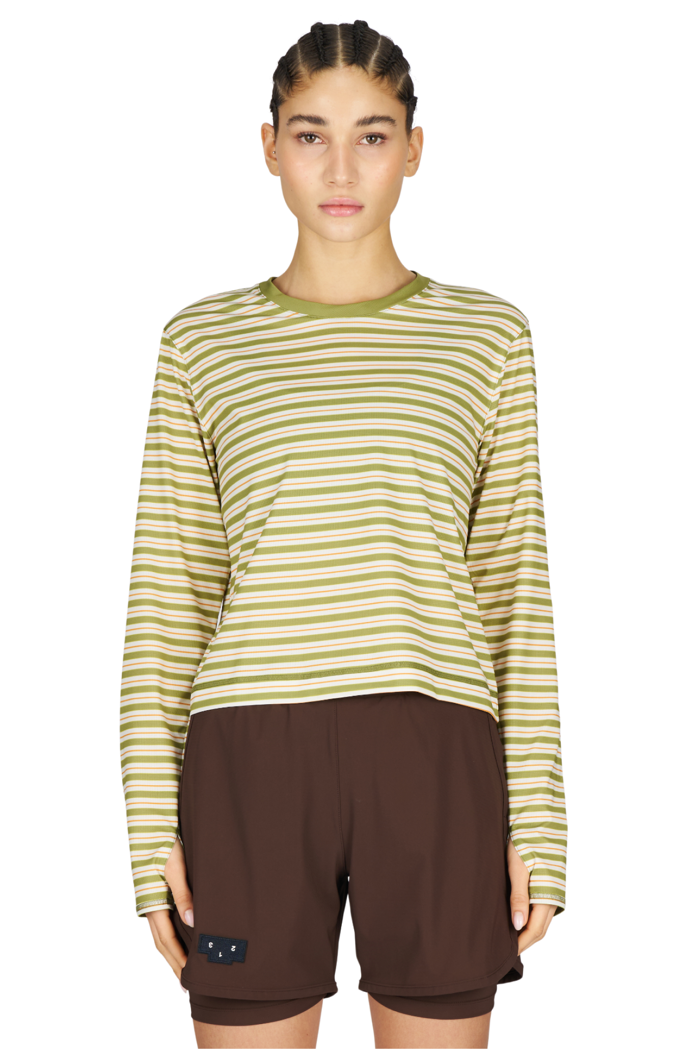 Women’s striped long sleeve Running T-Shirt in Sage Stripe, featuring raglan sleeves with thumbholes. It has a water-based sublimation-printed stripe pattern and is made from quick-drying, post-consumer recycled polyester with 4-way stretch for flexibility, ventilation, and breathability. A bold, hand-drawn UNNA text in white on the back.
