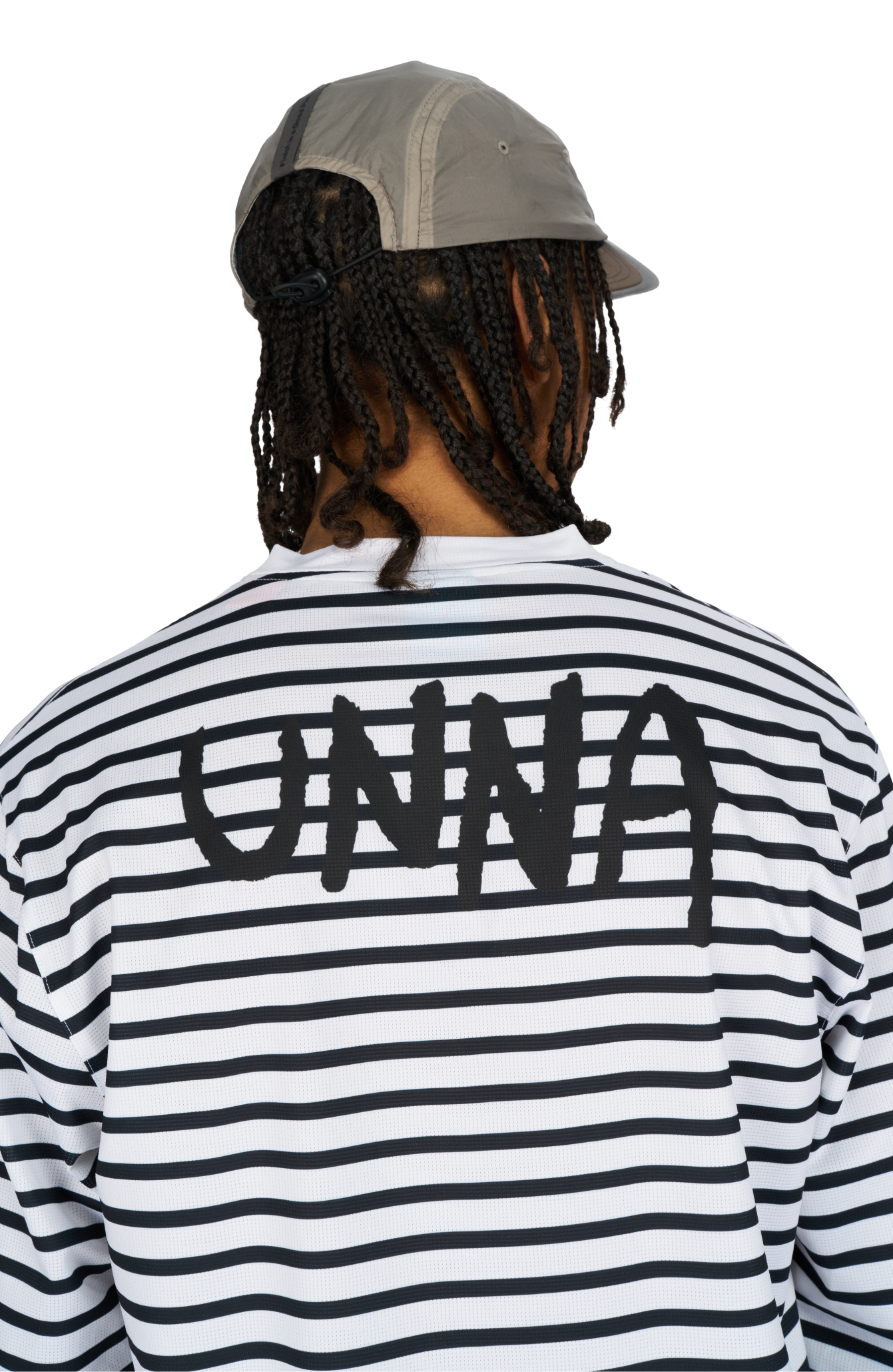 Men’s striped long sleeve Running T-Shirt in White and Navy, featuring raglan sleeves with thumbholes. It has a water-based sublimation-printed stripe pattern and is made from quick-drying, post-consumer recycled polyester with 4-way stretch for flexibility, ventilation, and breathability. A bold, hand-drawn UNNA text on the back.