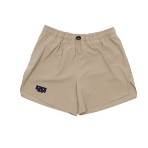 Men's running shorts in Warm Sand with a soft stretch and side vents. Podium Logo in the front and reflective 