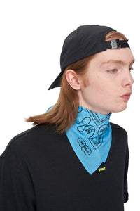 Aqua blue bandana scarf in Organic Cotton with digital print inspired by classic paisley scarves.
