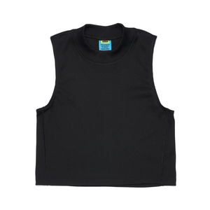 UNNA ribbed crop top in black shiny polyester with a mock-neck.
