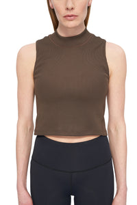 Wren green, sleeveless crop top from UNNA with a fitted silhouette and high neck. 