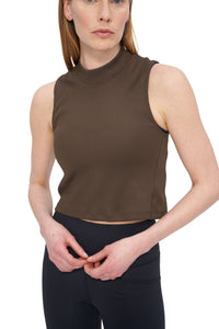 Sleeveless wren green crop top in a ribbed, shiny recycled polyester and a high neckline. 