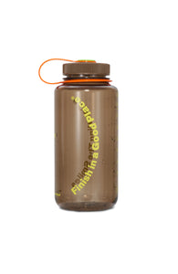 1 liter Nalgene bottle. Java Brown with orange cap details and text "Finish in a Good Place"
