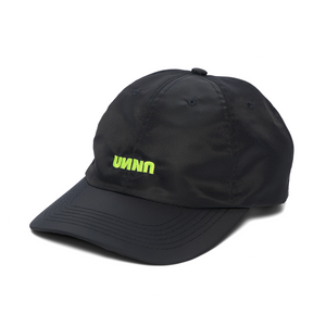 Shiny polyester black cap with contrasting woven UNNA logo in front
