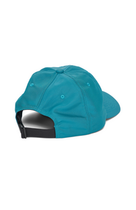 Shiny polyester petrol blue cap with size adjuster in the back