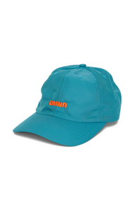 Shiny polyester petrol blue cap with contrasting woven UNNA logo in front